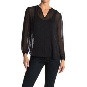Pleione Sheer Top Size S Long Puff Sleeve Notched Neck Black NEW Tag B12